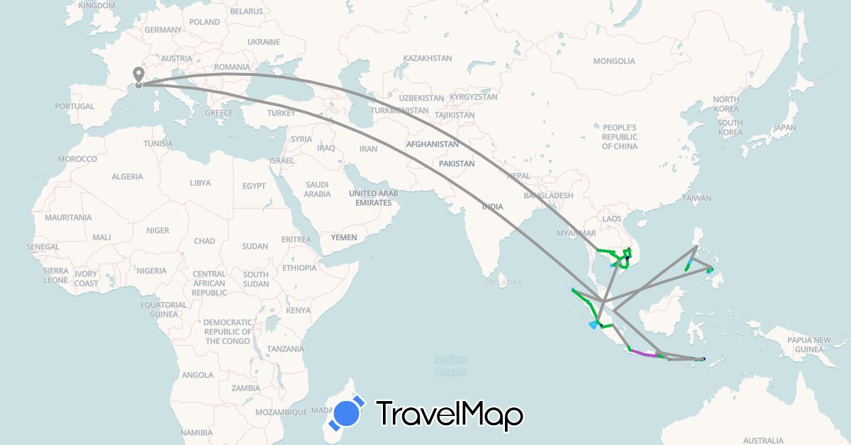 TravelMap itinerary: driving, bus, plane, train, boat, motorbike in France, Indonesia, Iran, Cambodia, Malaysia, Philippines, Singapore, Thailand, Turkey, Vietnam (Asia, Europe)